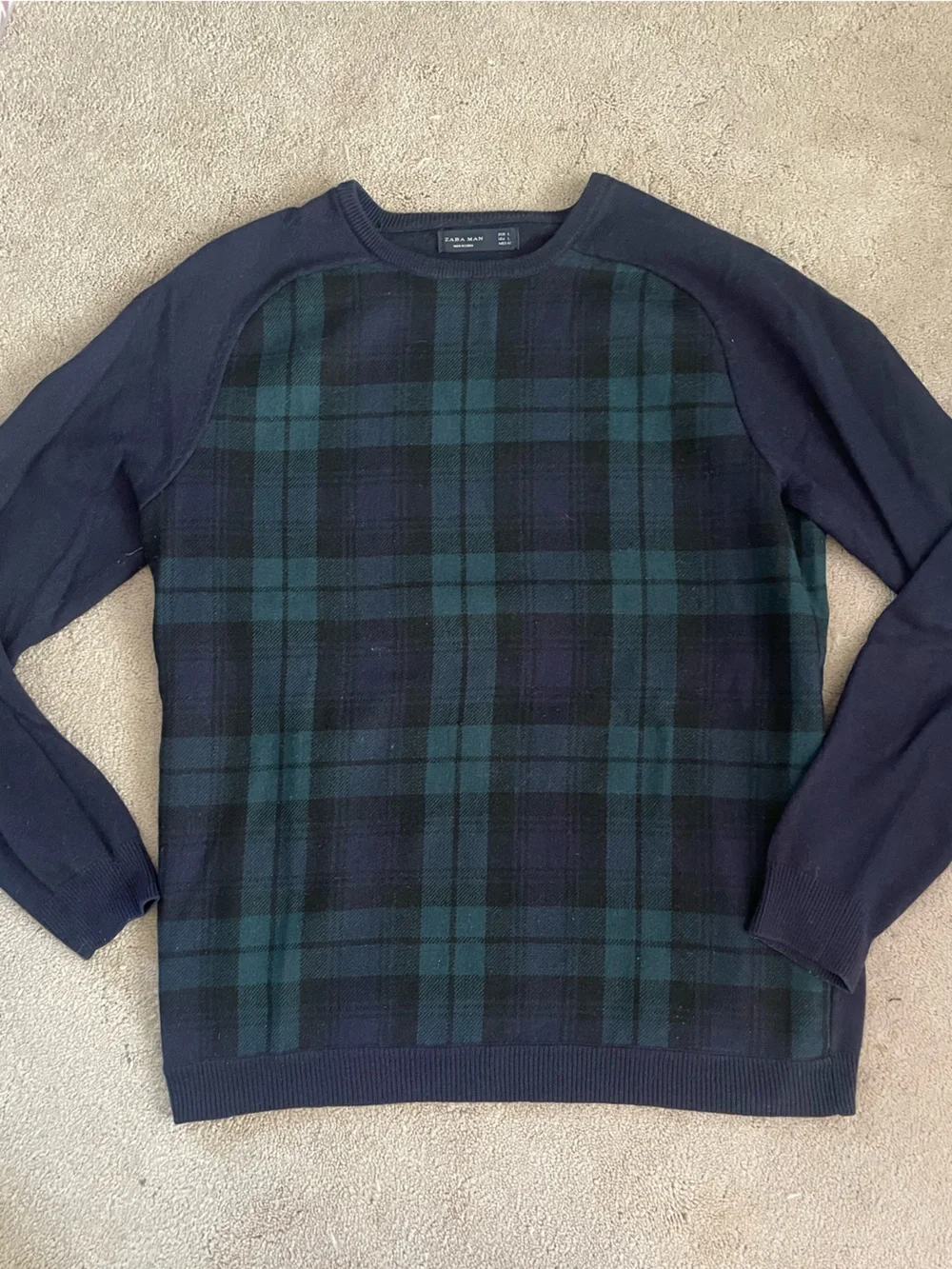 Zara Man Black and Dark Green Plaid Knit Sweater